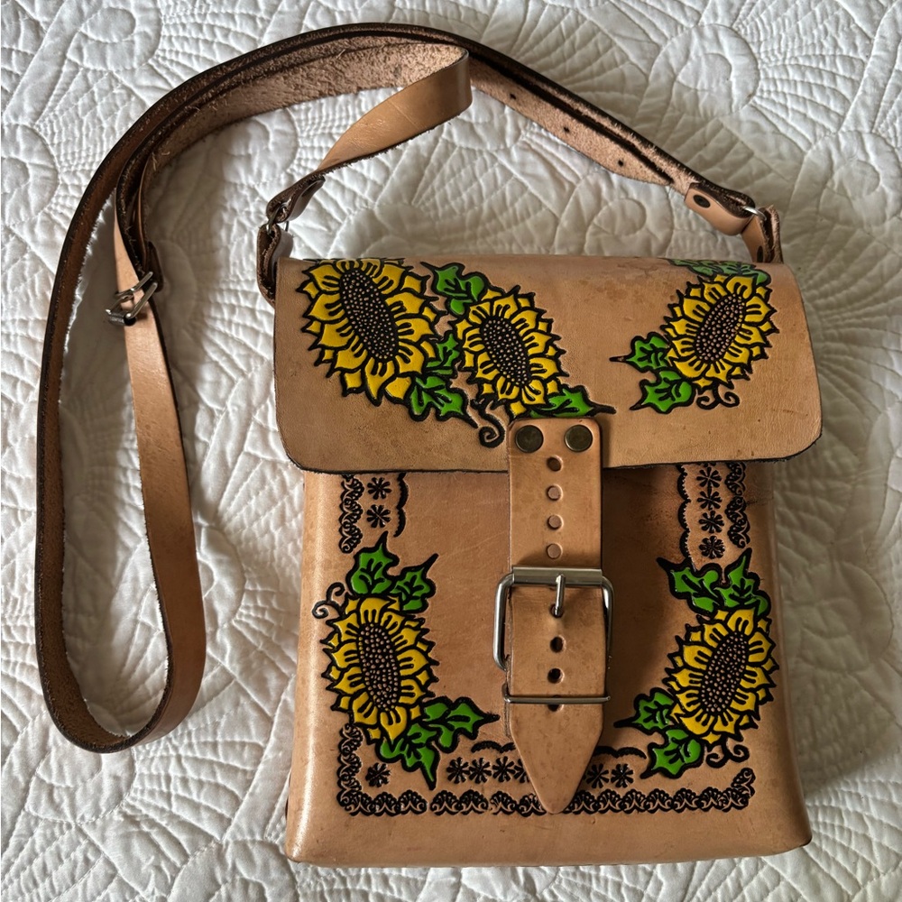 Hand tooled leather crossbody bag with sunflower design